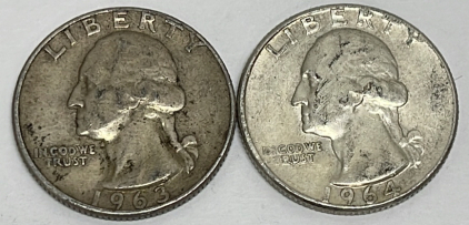 (2) Silver Washington Quarters Dated 1963 And 1964