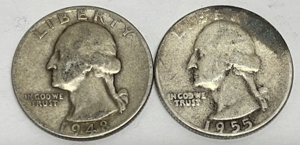 (2) Silver Washington Quarters Dated 1948 And 1955