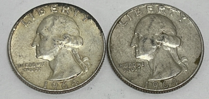 (2) Silver Washington Quarters Dated 1964