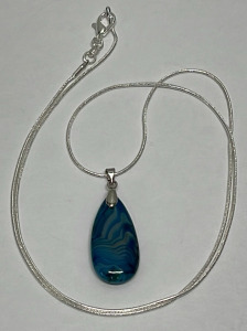 Beautiful Blue & Black Striped Agate Teardrop Pendant W/ .925 Silver Necklace