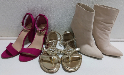 (1) Pink JustFab sz9 High Heels (1) Shoe Dazzle Sz 9 Boots w/Zipper (1) Gold sz9 Flat Sandles