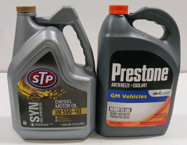 (1) 1-Gal of STP Diesel Motor Oil 5W-40 (1) 1 Gal of Preststone Antifreeze+Coolant dexcool