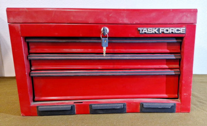 (1) Task Force Metal 3-DrawerToolbox W/ Top Storage Area, (2) Keys & Assorted Hand Tools
