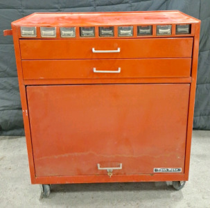 (1) Test Rite Rolling Toolbox W/ (2) Drawers, (9) Built In Small Part Holders, Bottom Locking Area W/(1) Key & Assorted Hand Tools. In Specialty On SP-8