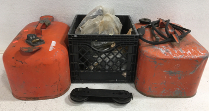 Assorted pulleys and Vintage Gas Cans