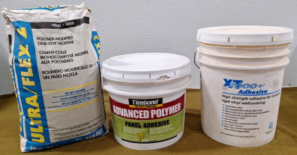 (1) 5 Gallon Bucket XT2000+ Adhesive, (1) 3.5 Gallon Bucket Titebond Panel Adhesive & (1) 50 Pound Bag MAPEI Ultra Flex 2 One-Step Mortar
