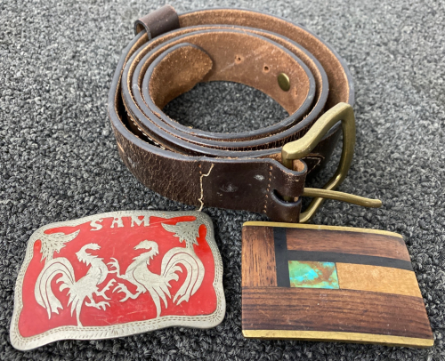 (2) Belt Buckles And Leather Belt