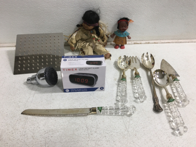Silver Serving Utensils, Shower Heads, Native American Dolls and More