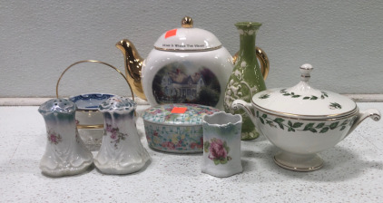(1) Salt And Pepper Shaker (1) Tea Pot & More