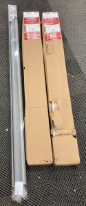 (2) 2&rdquo; Faux Wood White Blinds, (1) Light Gray Roller Shade