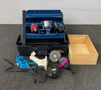 Assorted Fish Reels, Tackle Box, & Pole Holders
