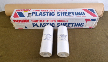 (1) 200 Foot Roll Of 8'4", 1.5Mil Clear Plastic Sheeting, (2) Rolls 72" x 100' Masking Film & (1) Partial Roll Of Floor Masking Paper 36"W x Unknown Legnth