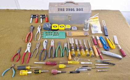 (1) Grey Metal Toolbox W/ Assorted Hand Tools