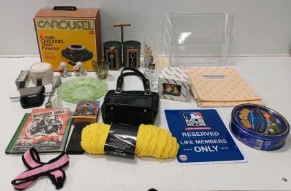 (1) Kodak Carousel Slide Projector (1) Galvinized Utensil Caddy (4) Glassware & More
