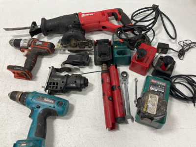 Reciprocating Saw, Cordless Drivers, Various Batteries and Chargers, Assorted Attachments