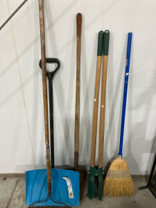 Assorted Yard Tools: Post Hole Digger, Broom, Rake, Snow Shovel