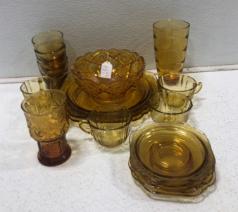 Vintage Amber Glassware Set Including Bowl