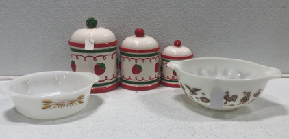 Set Of Strawberry Canisters & Vintage Mixing Bowls
