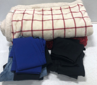 (2) Blankets And An Assortment Of Women’s Large Spandex And Jeans