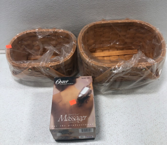 (2) Wooden Baskets (1) Oster Massager