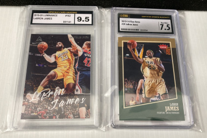 2013-14 Fleer Retro #39 LeBron James CSG Near Mint 7.5 & 2019-20 Luminance #162 LeBron James Upscale Card Grading 9.5