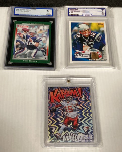 2006 Topps Total #136 Tom Brady ISA 9 Mint, 2010 Topps Tom Brady #30 Parish Product 9 Mint, & 2020 Panini Kaboom Mahomes II