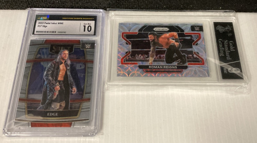 2022 Panini Select WWE Edge CSG Gem Mint 10 And 2022 Panini Prizm WWE Roman Reigns Gold Standard Grading 9 Mint