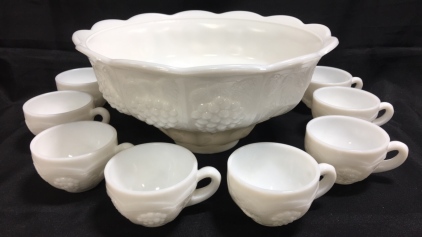 Vintage LE Smith Panelled Grape Milk Glass Punch Bowl With (8) Cups