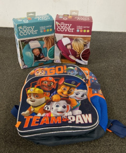 (2) Cozy Cover Infant Carrier Covers, (1) Paw Patrol Backpack