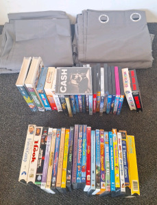 Various Kids & Family Movies & VCRs & Gray Shower Curtians