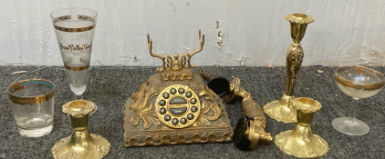 Antique Phone, Glasses & Brass Candlestick Holders...BB67