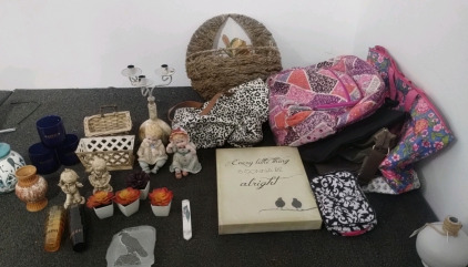 Bag Full Of Purses And Backpack Painted Jars, Wall Decor, Stained Drinking Glasses, Ceramic Figurines