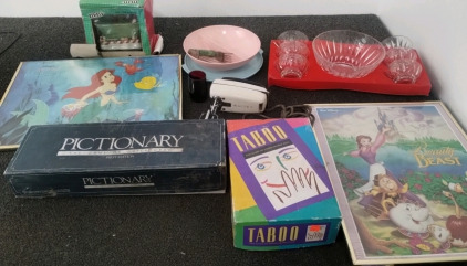 M&M Sleigh Candy Dish, Disney Framed Pictures, Board Games Including Taboo And Pictionary, Glass Dishes