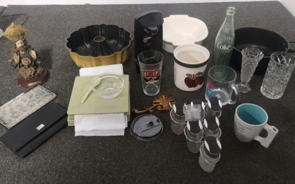 Kitchenware Including Plates, Salt Shakers Cake Pan, Casserole Dish, Can Opener, Jesus Christ Figurine