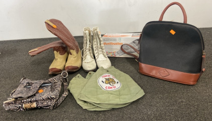 Tony Lama Boots, (2) Purses, Black+Decker Dustbuster , Dog Clothes