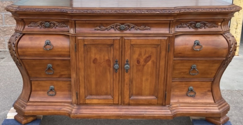 Carved French Pine Wood Buffet Base W/ Cabinet & 9 Drawers (69"x38"x22)