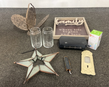 Assorted Home Decor, (1) LED Bulb, (2) Glasses