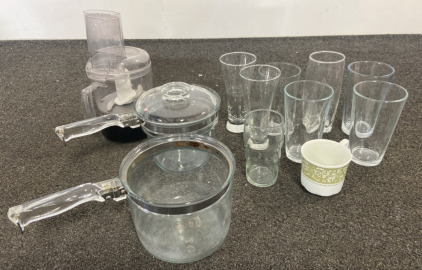 (2) PYREX Glass Pots, Glassware, Parts Of Cuisineart Food Processor