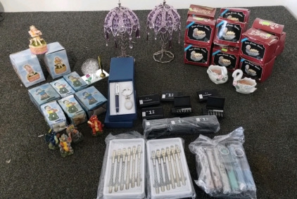 Box Full Of Knick Knacks Including Pens With Keychains Mom & Dad Pens, Ceramic Clowns, Ceramic Jewelry Boxes, #1 Dad & #1 Grandpa Tool Kits
