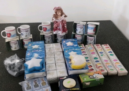 Box Full Of Magic Sand, Push Lamps, Ceramic Jewelry Box, Coffee Mugs And Doll