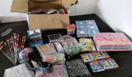 Box Full Of Knick Knacks Including Pens, Pencils, Push Lamps, Body Jewelry, Alphabet Mats And More
