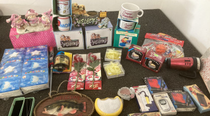 Box Full Of Knick Knacks Including Coffee Mugs, Night Lights, Flexible Flashlights, 10 Pc Power Grip Toolkits, Mini Workshop, Welcome Sign, Fish Scouring Pad Pad Holder