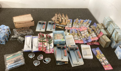 Box Full Of Knick Knack Including #1 Grandma , Grandpa And Mom And Dad Flashlights, Heart Pendants, Screwdriver Sets,Flower Pot Buddies, Mom And Dad Pens , Pen Holders