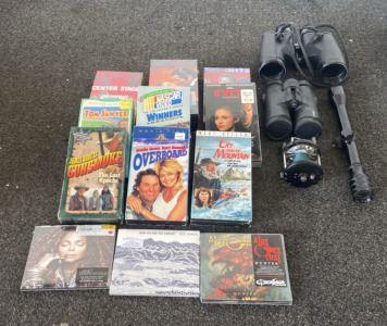 Binolux Binoculars, GoSky Binoculars, Fishing Reel, VHS&rsquo;s, CD&rsquo;s