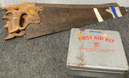 Antique saws, antique first aid kit. BB11