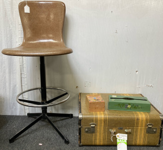 Vintage Chair, Vintage Suitcase, Vintage mail & stamp saver. BB17