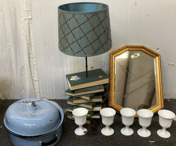 Lamp, pan, glasses, & mirror. BB72