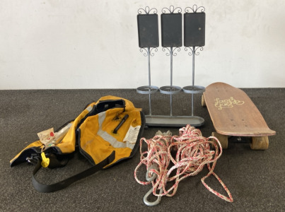 Land Yacht SkateBoard, Mustang Survival Floating Vest, Boat Anchor, Vintage Wine Holder