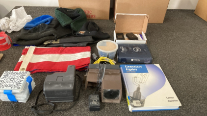 2 Cameras, Ceramic Coasters, Motorola Smartphone, 2 Tracphones, 3 Knit Hats, 1 Kyle Hat, Ethernet, Elementary Algebra, American Flag