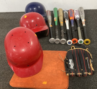 (8) Baseball Bats, (3) Baseball Helmets, Basketball Gear